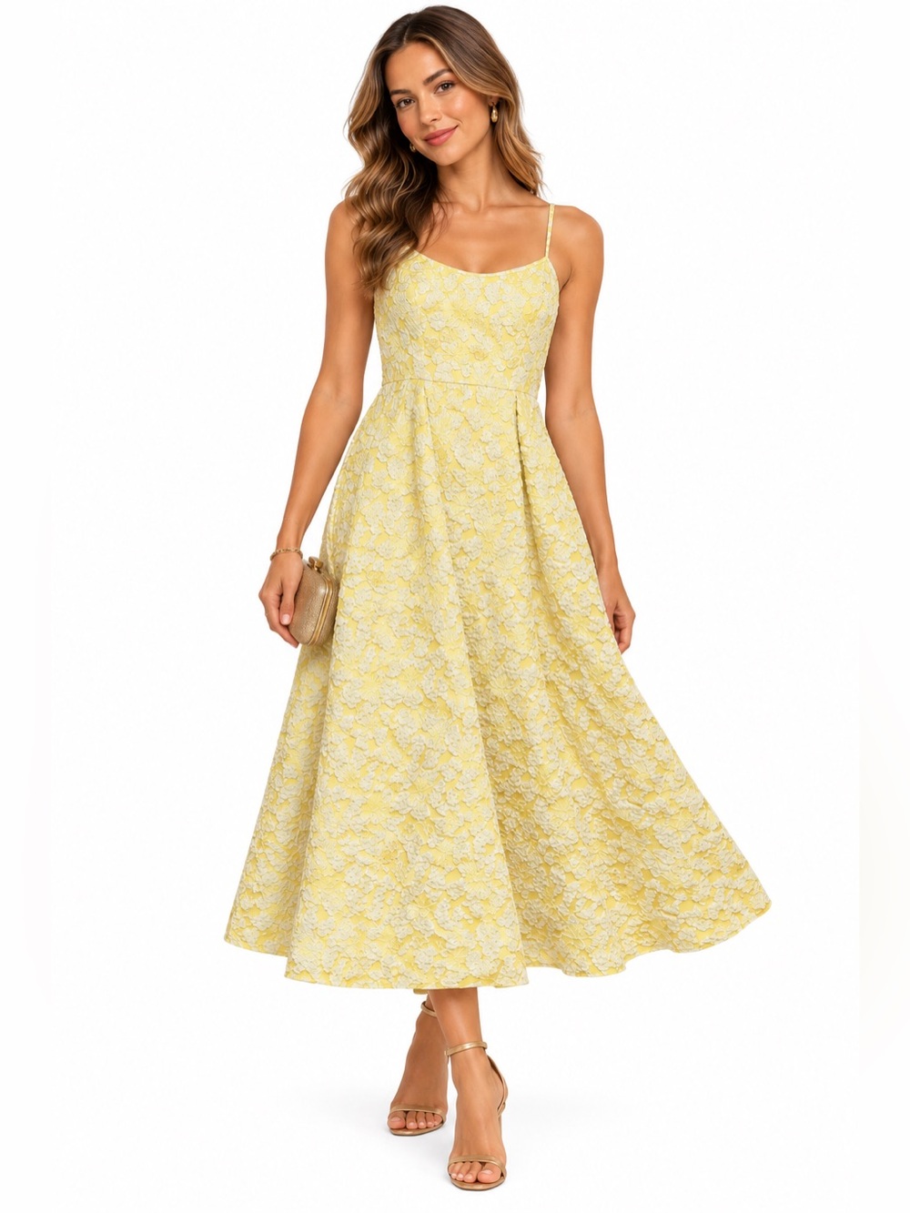 Butter Yellow Metallic Floral Jacquard Midi Dress Spaghetti Strap Fit Flare S